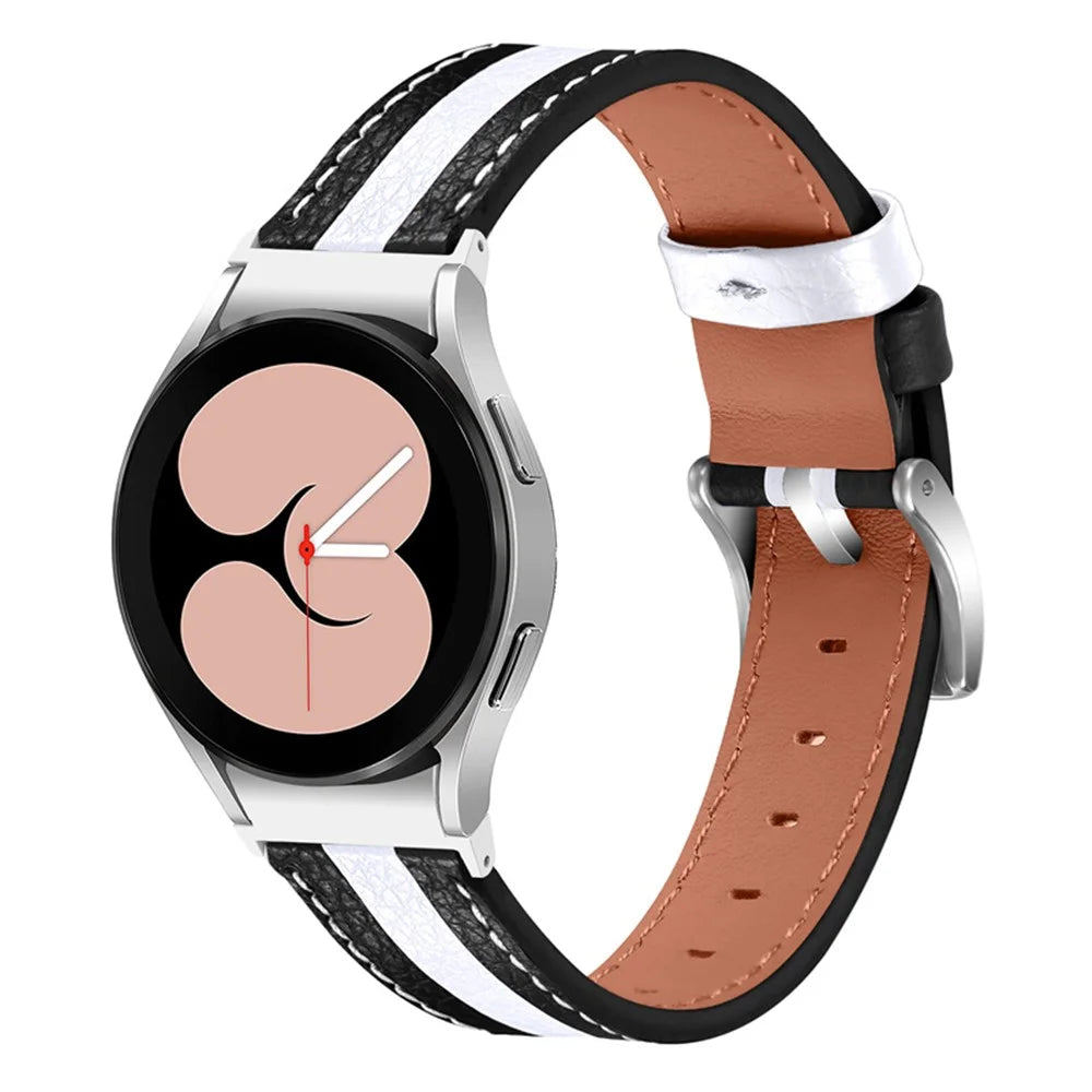 For Samsung Galaxy Watch4 Classic 42mm/46mm / Galaxy Watch4 Active 40mm/44mm Cowhide Leather Wrist Band Stylish Color Splicing Replacement Strap - Black/White - 1