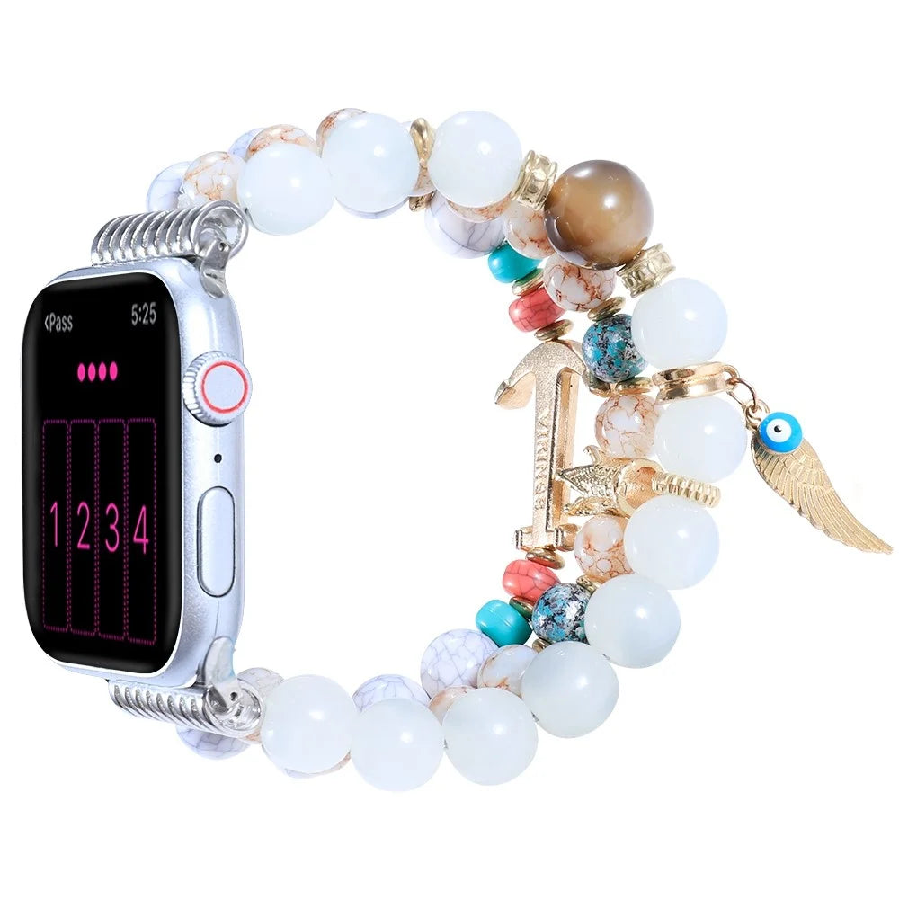 For Apple Watch Ultra 3 2 1 49mm / Series 11 10 46mm / 9 8 7 45mm / SE3 SE2 SE 6 5 4 44mm / 3 2 1 42mm Three Rows Beads Watch Strap Smart Watch Replacement Band for Women Girls - White - 2