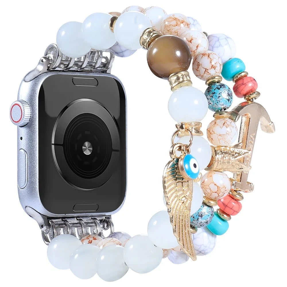 For Apple Watch Ultra 3 2 1 49mm / Series 11 10 46mm / 9 8 7 45mm / SE3 SE2 SE 6 5 4 44mm / 3 2 1 42mm Three Rows Beads Watch Strap Smart Watch Replacement Band for Women Girls - White - 3
