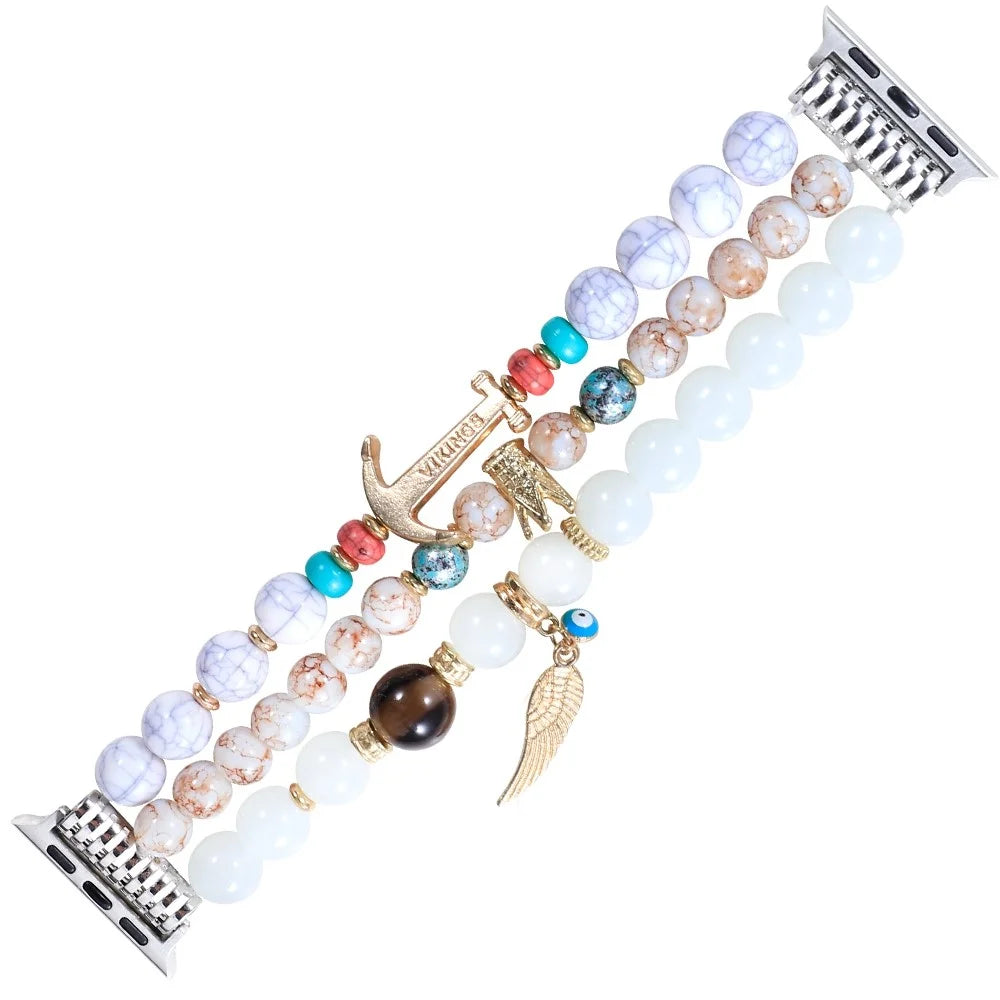 For Apple Watch Ultra 3 2 1 49mm / Series 11 10 46mm / 9 8 7 45mm / SE3 SE2 SE 6 5 4 44mm / 3 2 1 42mm Three Rows Beads Watch Strap Smart Watch Replacement Band for Women Girls - White - 4
