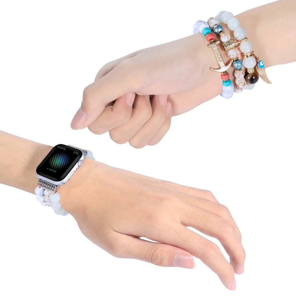 For Apple Watch Ultra 3 2 1 49mm / Series 11 10 46mm / 9 8 7 45mm / SE3 SE2 SE 6 5 4 44mm / 3 2 1 42mm Three Rows Beads Watch Strap Smart Watch Replacement Band for Women Girls - White - 5