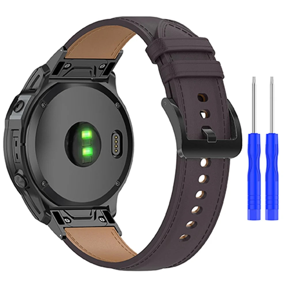 For Garmin Fenix 7/6 GPS/5 Adjustable Watch Strap Genuine Leather Smart Watch Band with Buckle for Women/Men - Dark Purple - 1