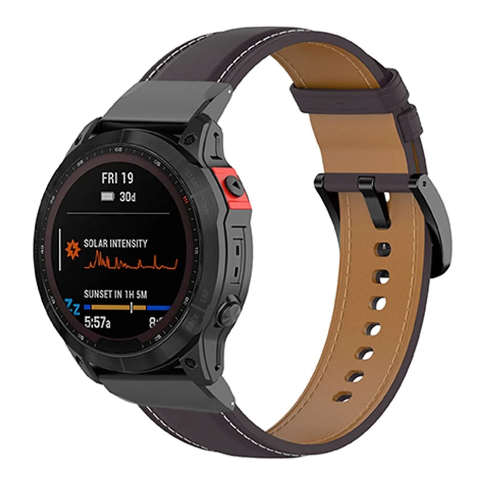 For Garmin Fenix 7/6 GPS/5 Adjustable Watch Strap Genuine Leather Smart Watch Band with Buckle for Women/Men - Dark Purple - 3