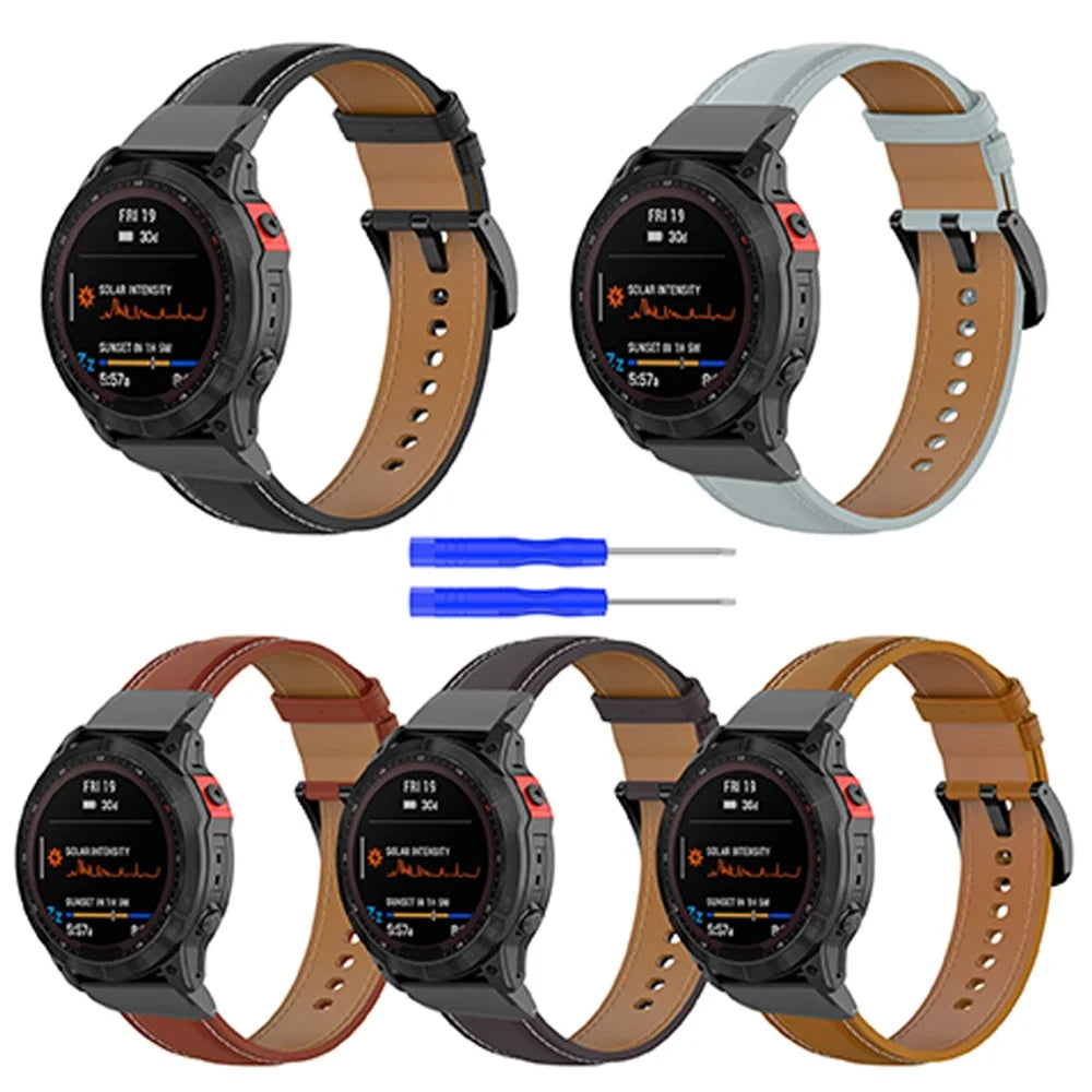 For Garmin Fenix 7/6 GPS/5 Adjustable Watch Strap Genuine Leather Smart Watch Band with Buckle for Women/Men - Dark Purple - 4