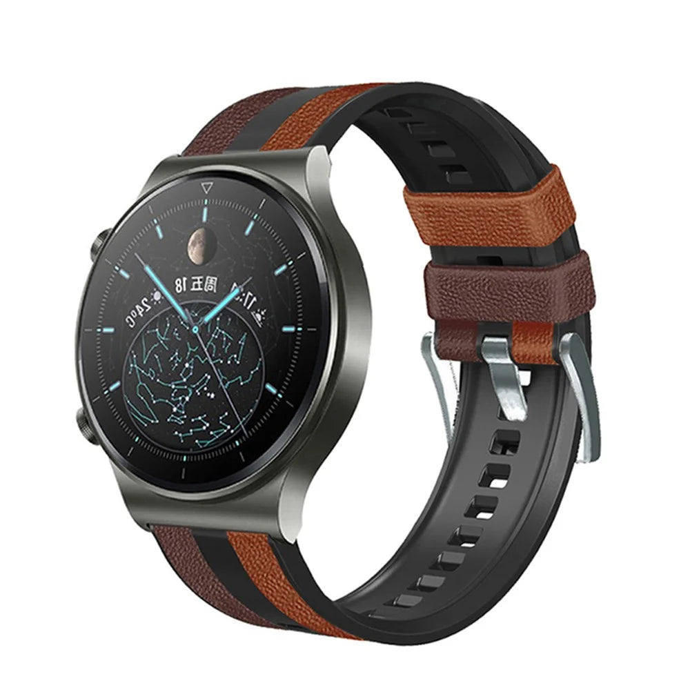 For Huawei Watch GT3/Huami Amazfit GTR3 Three Color Design 22mm Leather Coated Silicone Wrist Band Replacement Smartwatch Strap - Brown/Black - 2
