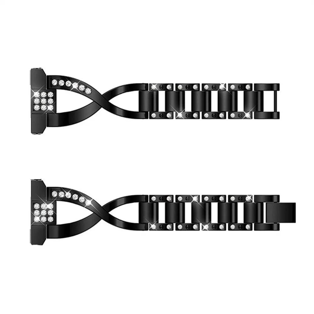 X-shape Metal Watch Strap for Ticwatch Pro/GTX Rhinestone Decorated Watch Band 22mm Replacement Watchband - Black - 2