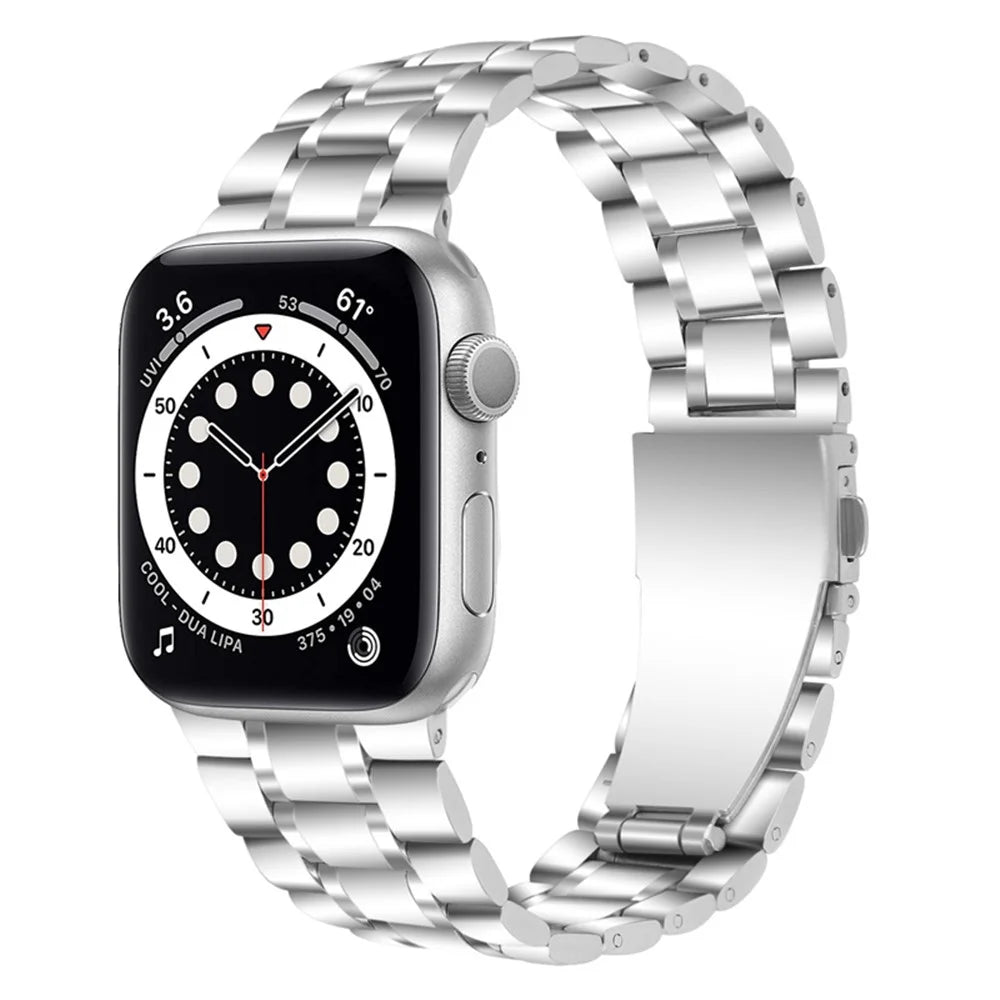 For Apple Watch Series 11 10 42mm / 9 8 7 41mm / SE3 SE2 SE 6 5 4 40mm / 3 2 1 38mm 5 Beads Stainless Steel Double Buckles Design Smart Watch Band Replacement Strap - Silver - 1