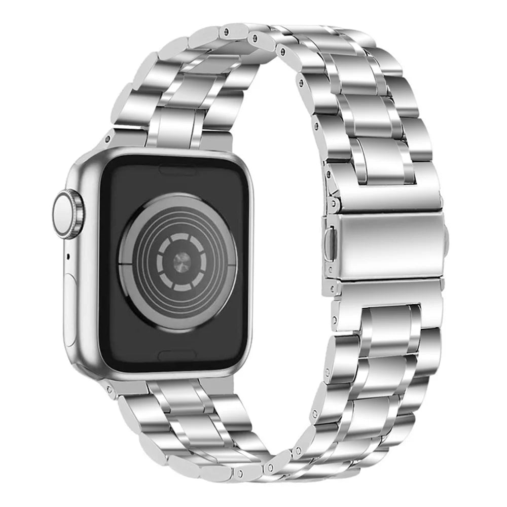 For Apple Watch Series 11 10 42mm / 9 8 7 41mm / SE3 SE2 SE 6 5 4 40mm / 3 2 1 38mm 5 Beads Stainless Steel Double Buckles Design Smart Watch Band Replacement Strap - Silver - 2
