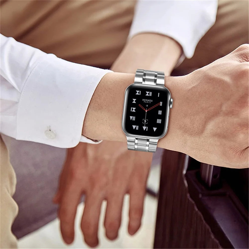 For Apple Watch Series 11 10 42mm / 9 8 7 41mm / SE3 SE2 SE 6 5 4 40mm / 3 2 1 38mm 5 Beads Stainless Steel Double Buckles Design Smart Watch Band Replacement Strap - Silver - 7