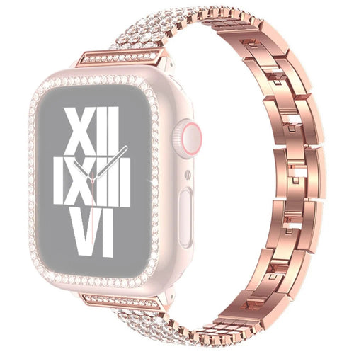 For Apple Watch Series 11 10 42mm / 9 8 7 41mm / SE3 SE2 SE 6 5 4 40mm / 3 2 1 38mm Four Rows Rhinestone Decor Stainless Steel Watch Band Wrist Strap - Rose Gold - 1