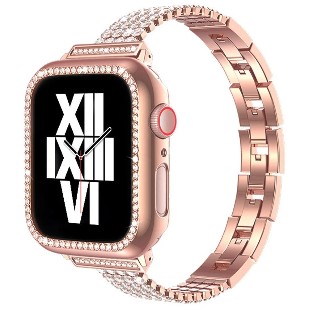 For Apple Watch Series 11 10 42mm / 9 8 7 41mm / SE3 SE2 SE 6 5 4 40mm / 3 2 1 38mm Four Rows Rhinestone Decor Stainless Steel Watch Band Wrist Strap - Rose Gold - 2