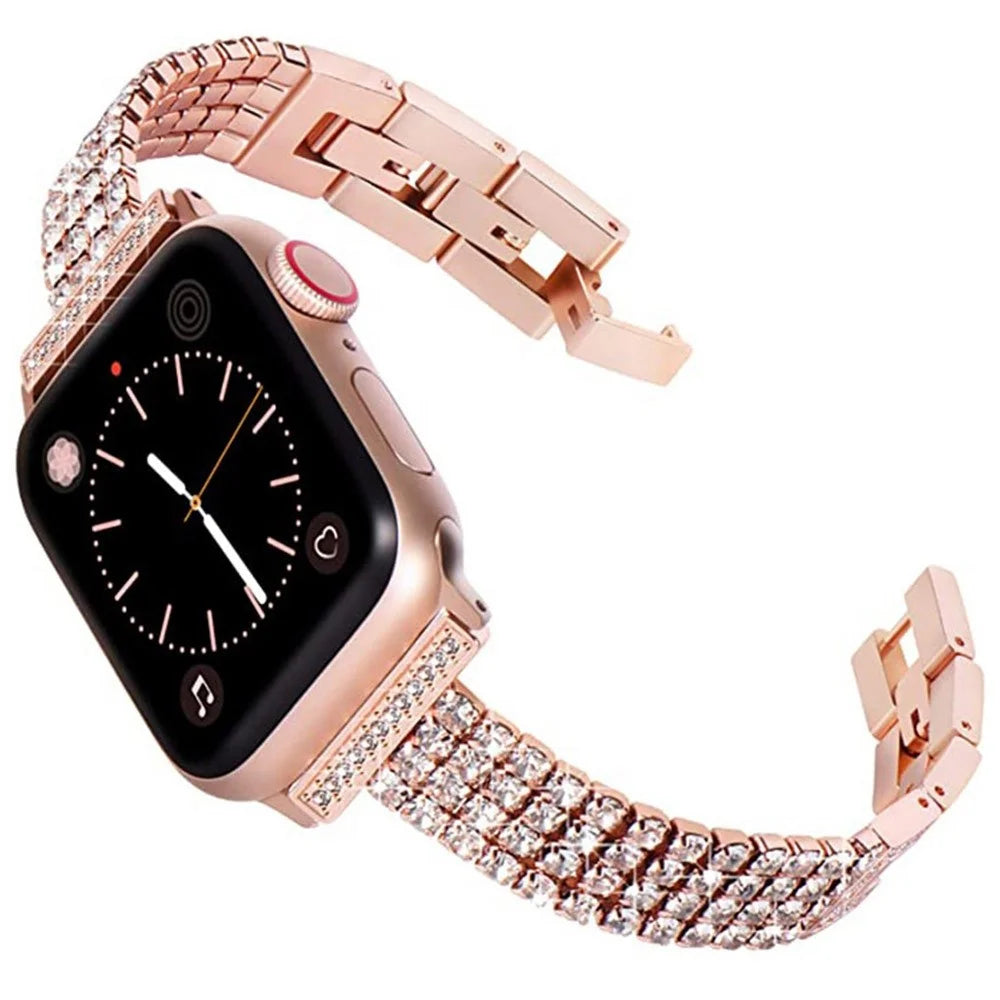 For Apple Watch Series 11 10 42mm / 9 8 7 41mm / SE3 SE2 SE 6 5 4 40mm / 3 2 1 38mm Four Rows Rhinestone Decor Stainless Steel Watch Band Wrist Strap - Rose Gold - 3