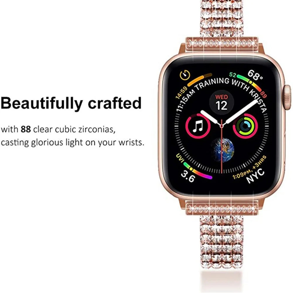 For Apple Watch Series 11 10 42mm / 9 8 7 41mm / SE3 SE2 SE 6 5 4 40mm / 3 2 1 38mm Four Rows Rhinestone Decor Stainless Steel Watch Band Wrist Strap - Rose Gold - 4