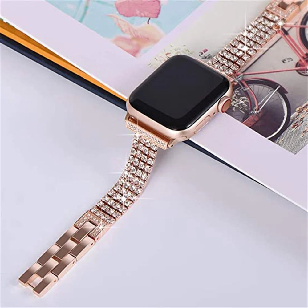 For Apple Watch Series 11 10 42mm / 9 8 7 41mm / SE3 SE2 SE 6 5 4 40mm / 3 2 1 38mm Four Rows Rhinestone Decor Stainless Steel Watch Band Wrist Strap - Rose Gold - 5