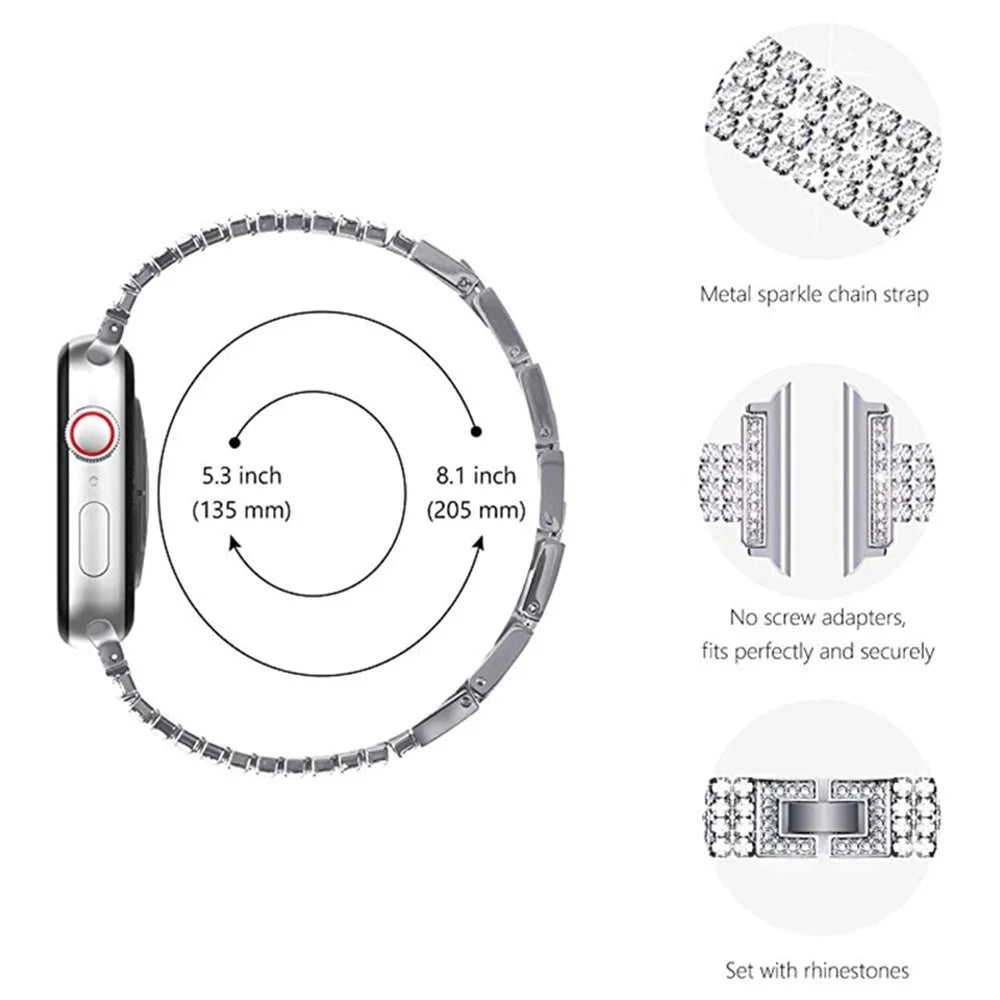 For Apple Watch Series 11 10 42mm / 9 8 7 41mm / SE3 SE2 SE 6 5 4 40mm / 3 2 1 38mm Four Rows Rhinestone Decor Stainless Steel Watch Band Wrist Strap - Rose Gold - 6