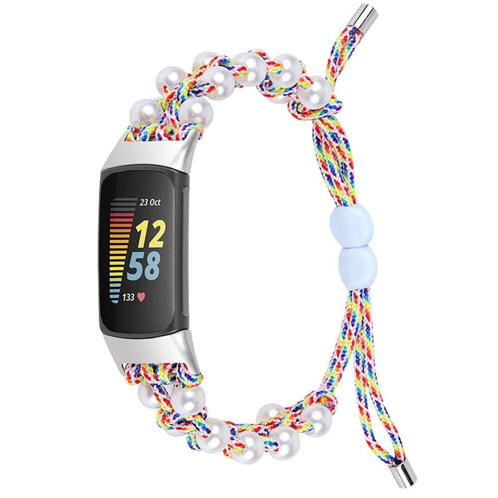 For Fitbit Charge 6 / 5 Easy Adjustment Stylish Watch Band Pearl+Nylon Woven Replacement Wrist Strap - Multi-color - 1