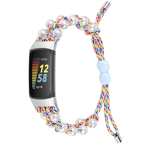 For Fitbit Charge 6 / 5 Easy Adjustment Stylish Watch Band Pearl+Nylon Woven Replacement Wrist Strap - Multi-color - 1