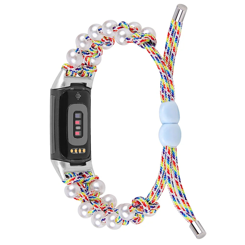 For Fitbit Charge 6 / 5 Easy Adjustment Stylish Watch Band Pearl+Nylon Woven Replacement Wrist Strap - Multi-color - 2
