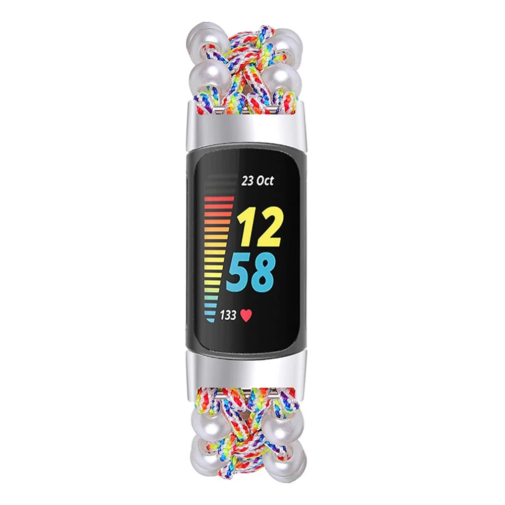 For Fitbit Charge 6 / 5 Easy Adjustment Stylish Watch Band Pearl+Nylon Woven Replacement Wrist Strap - Multi-color - 3