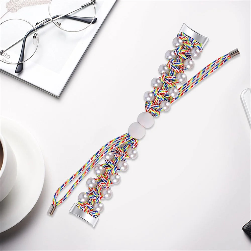 For Fitbit Charge 6 / 5 Easy Adjustment Stylish Watch Band Pearl+Nylon Woven Replacement Wrist Strap - Multi-color - 4