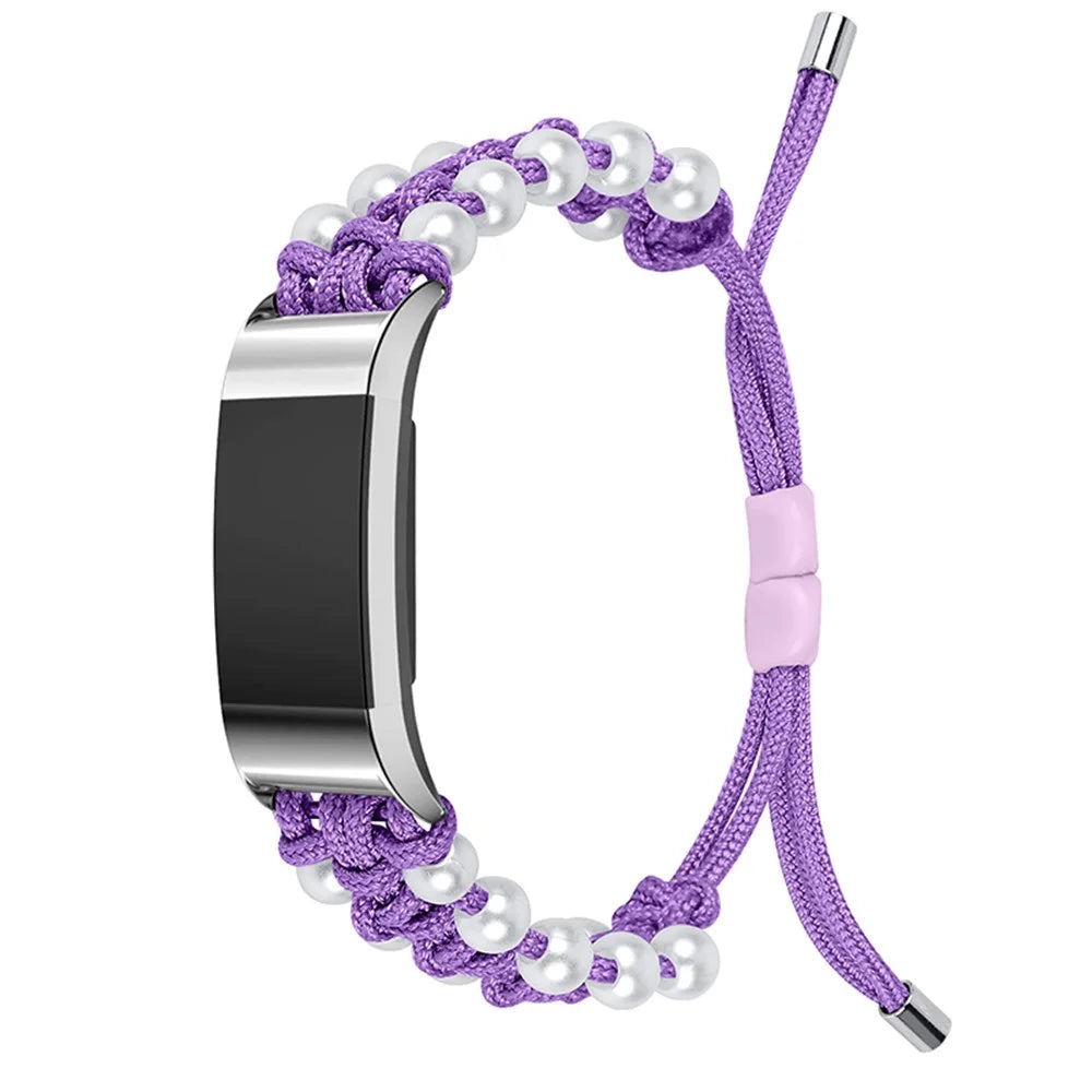 For Fitbit Charge 2/Charge 2 HR Pearl+Nylon Woven Adjustable Watch Band Replacement Wrist Strap - Purple - 1