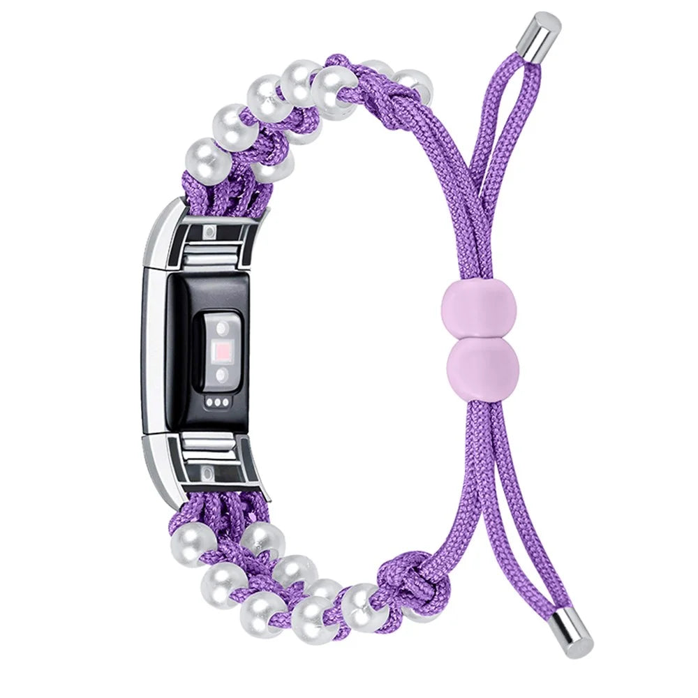 For Fitbit Charge 2/Charge 2 HR Pearl+Nylon Woven Adjustable Watch Band Replacement Wrist Strap - Purple - 2