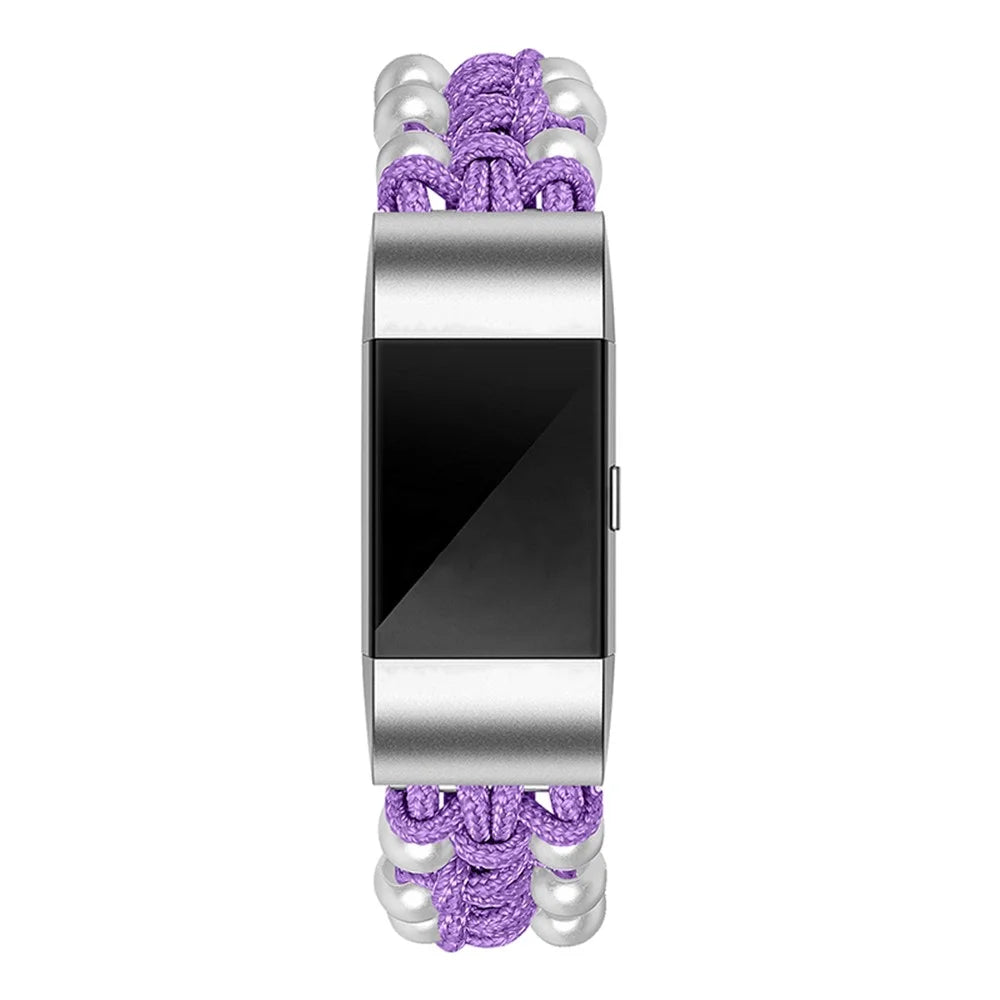 For Fitbit Charge 2/Charge 2 HR Pearl+Nylon Woven Adjustable Watch Band Replacement Wrist Strap - Purple - 3