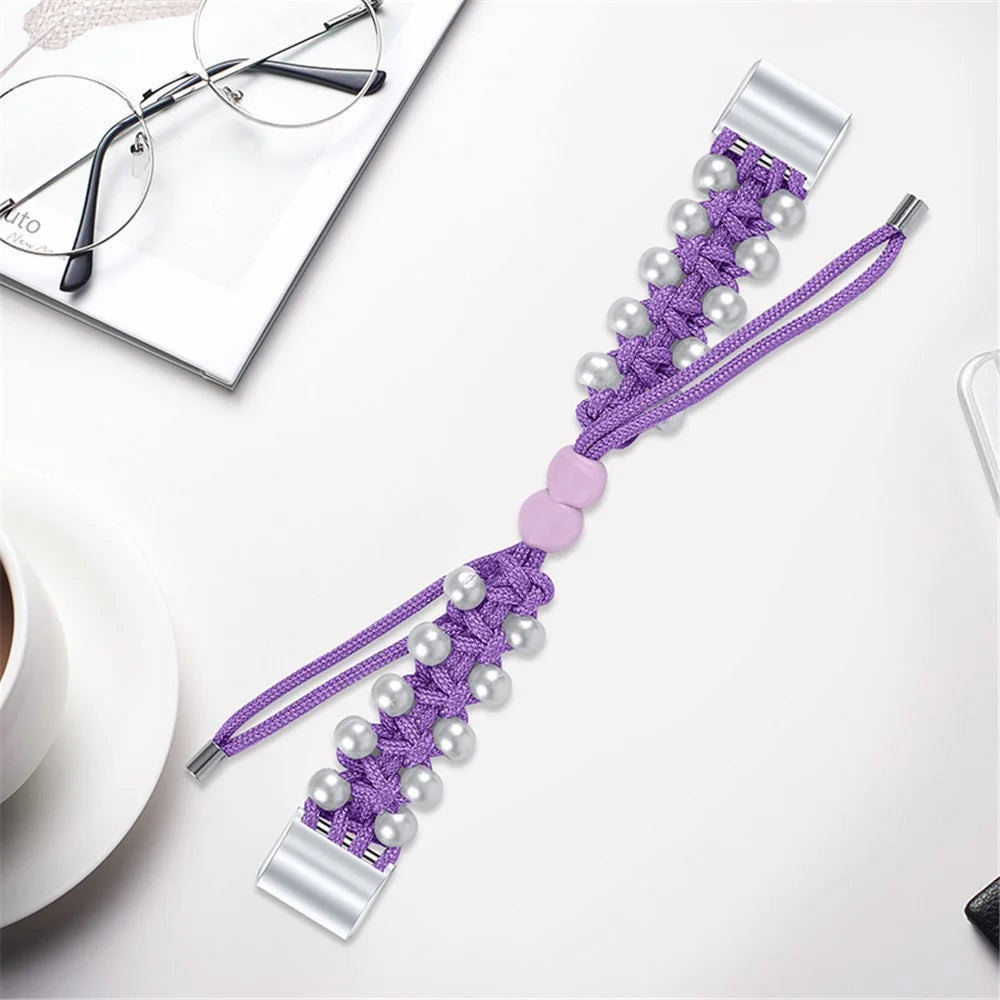 For Fitbit Charge 2/Charge 2 HR Pearl+Nylon Woven Adjustable Watch Band Replacement Wrist Strap - Purple - 4