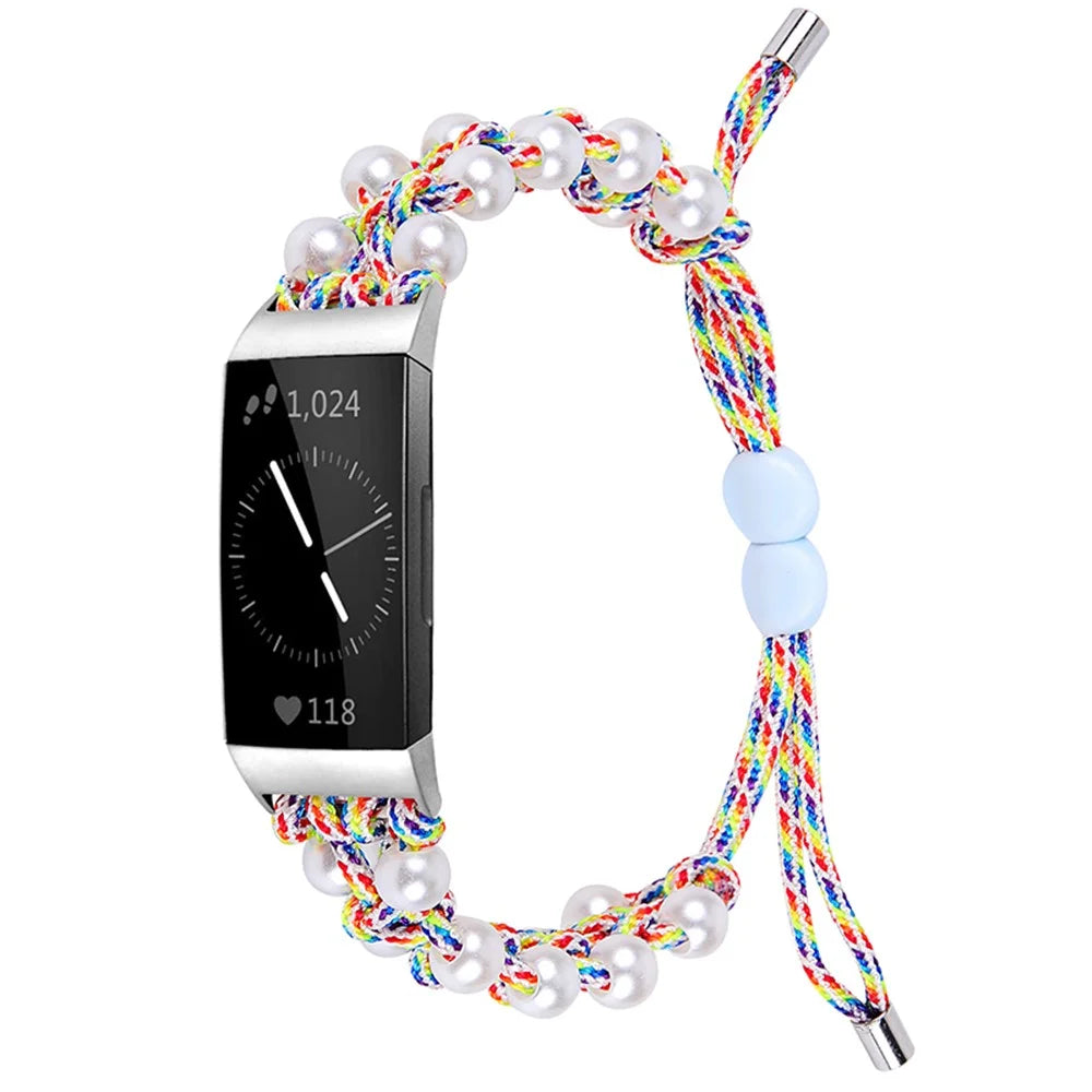For Fitbit Charge 3/Charge 3 SE/Charge 4 Stylish Watch Band Pearl+Nylon Woven Replacement Wrist Strap - Multi-color - 1