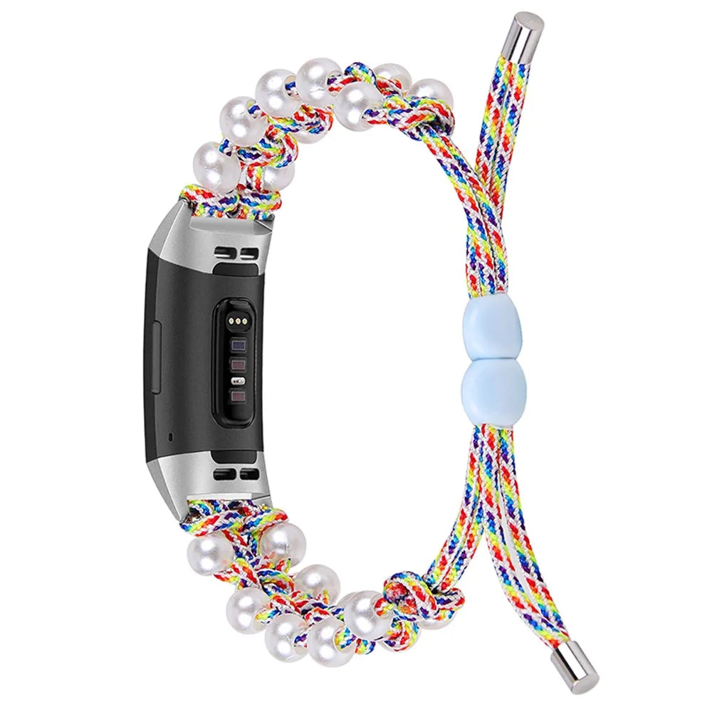 For Fitbit Charge 3/Charge 3 SE/Charge 4 Stylish Watch Band Pearl+Nylon Woven Replacement Wrist Strap - Multi-color - 2