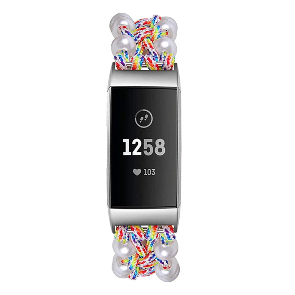 For Fitbit Charge 3/Charge 3 SE/Charge 4 Stylish Watch Band Pearl+Nylon Woven Replacement Wrist Strap - Multi-color - 3