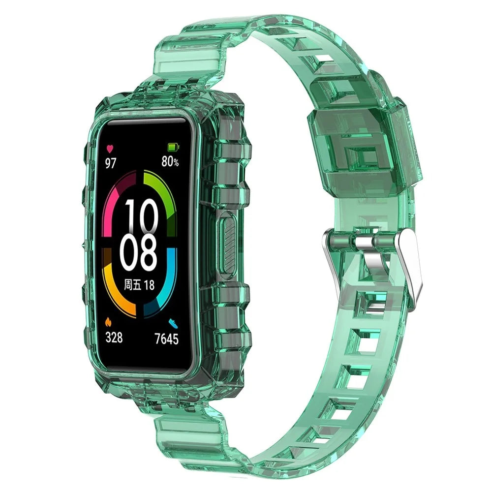 For Huawei Band 7/Band 6/Honor Band 6 Replacement Transparent TPU Watch Strap Wrist Band with Watch Case - Transparent Green - 1