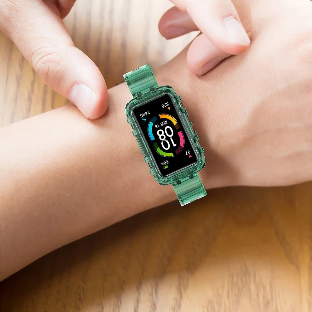 For Huawei Band 7/Band 6/Honor Band 6 Replacement Transparent TPU Watch Strap Wrist Band with Watch Case - Transparent Green - 6