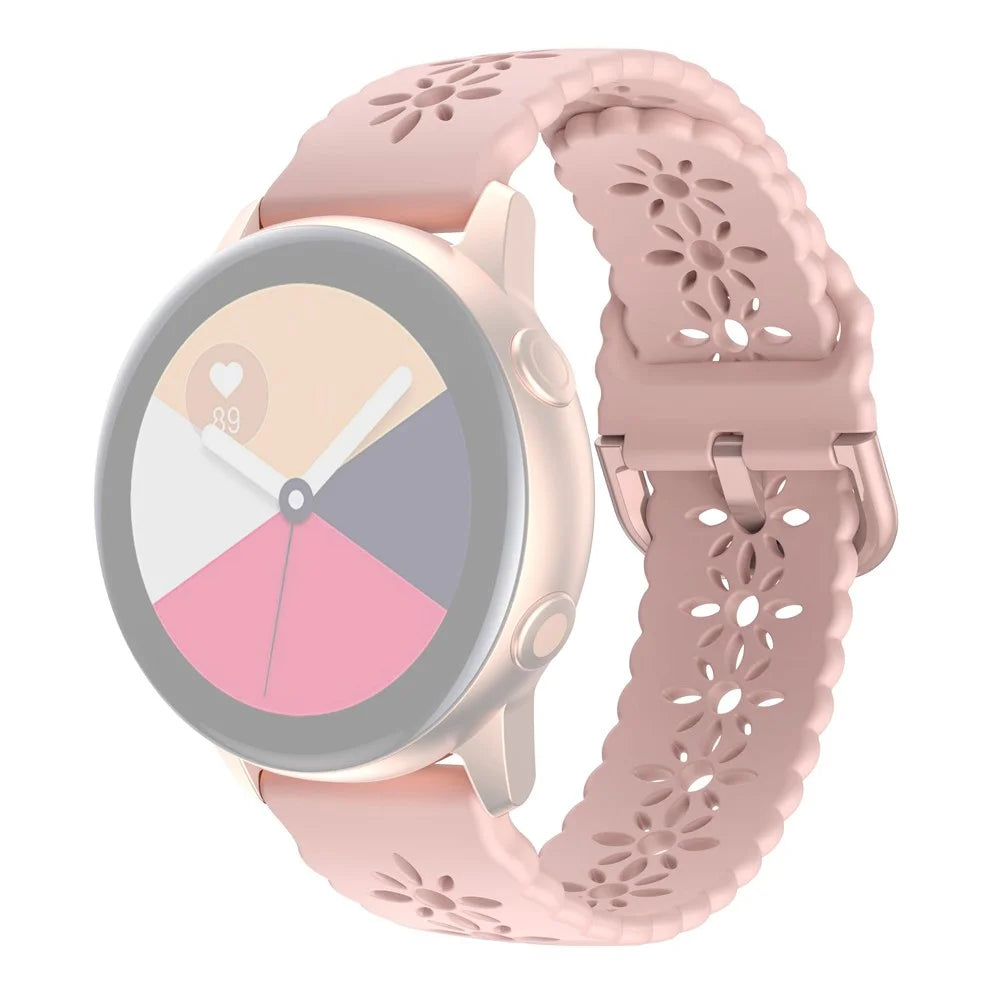 For Samsung Galaxy Watch4 40mm/44mm/Watch4 Classic 42mm/Garmin Venu 2 Plus Plum Blossom Silicone Band 20mm Soft Hollowed-out Sport Strap Wristband - Pink - 1