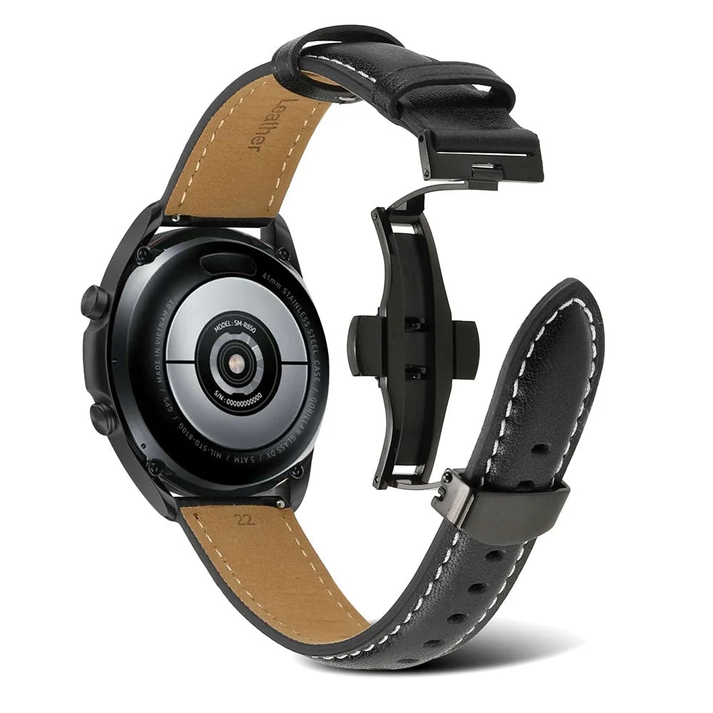 For Samsung Galaxy Watch4 40mm/44mm/Garmin Venu 2 Plus 20mm Replacement Genuine Leather Watch Strap Stitching Line Wrist Band - Black - 1