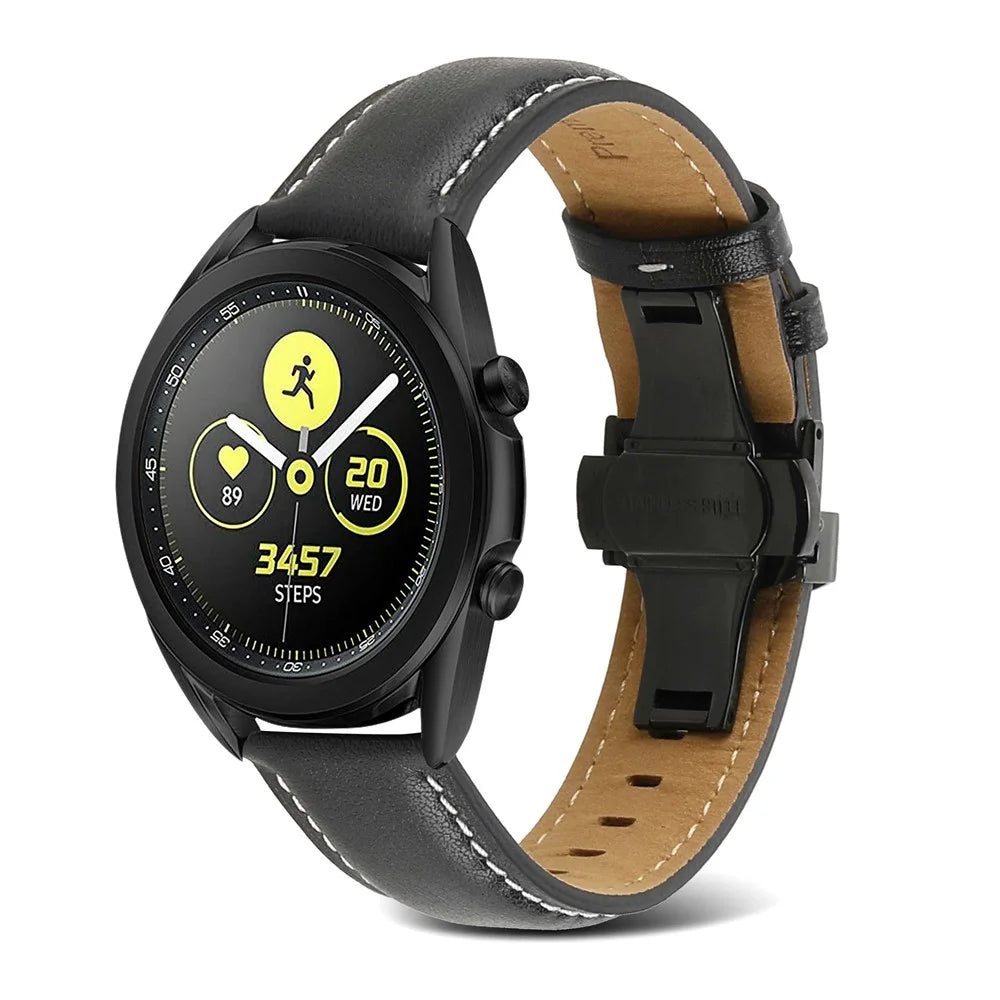 For Samsung Galaxy Watch4 40mm/44mm/Garmin Venu 2 Plus 20mm Replacement Genuine Leather Watch Strap Stitching Line Wrist Band - Black - 2