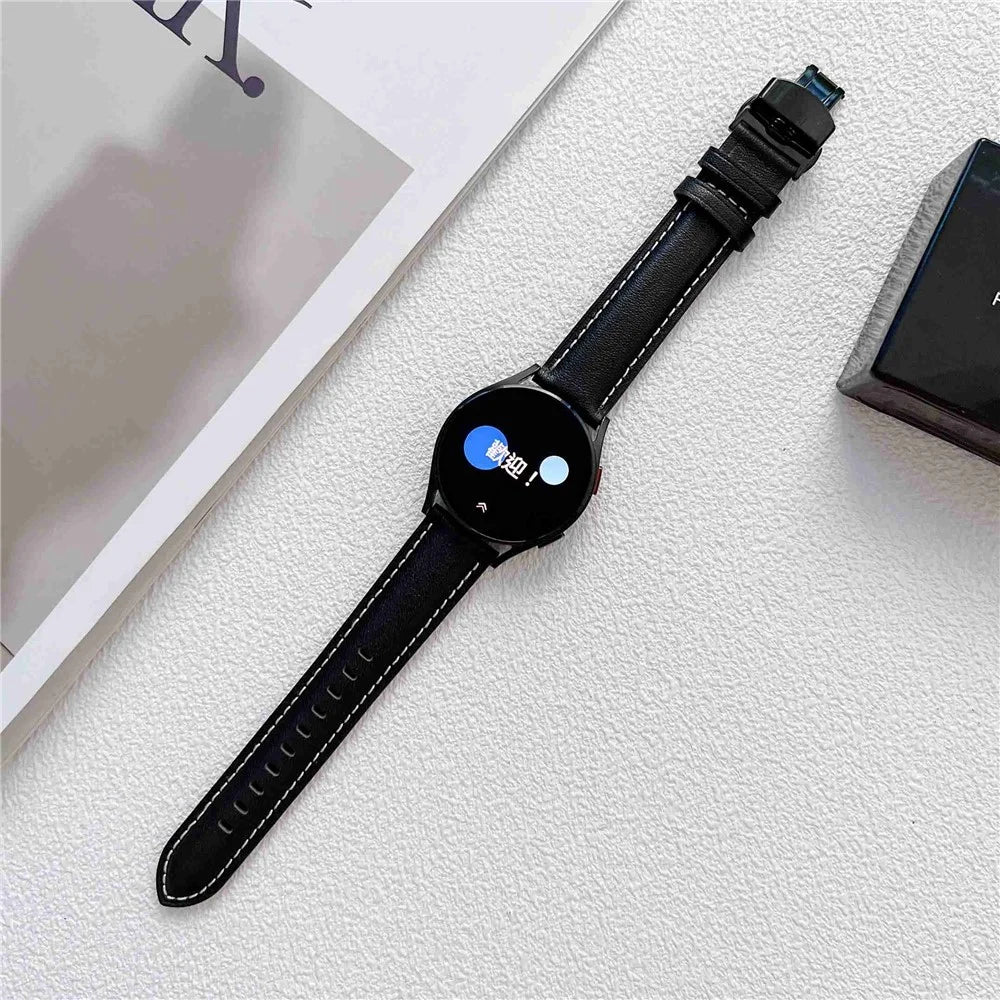For Samsung Galaxy Watch4 40mm/44mm/Garmin Venu 2 Plus 20mm Replacement Genuine Leather Watch Strap Stitching Line Wrist Band - Black - 3