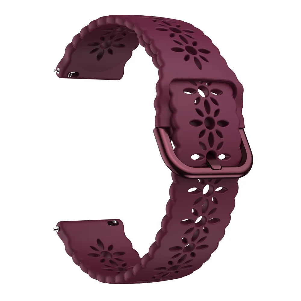 For Samsung Galaxy Watch3 45mm/Huawei Watch GT 3 Pro 46mm/Garmin Venu 2 Soft Silicone Sport Strap 22mm Hollowed-out Plum Blossom Replacement Wristband - Wine Red - 2