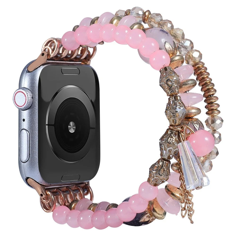 For Apple Watch Series 11 10 42mm / 9 8 7 41mm / SE3 SE2 SE 6 5 4 40mm / 3 2 1 38mm Stylish Agate + Stainless Steel Bracelet Watch Strap Watch Band - Pink - 1