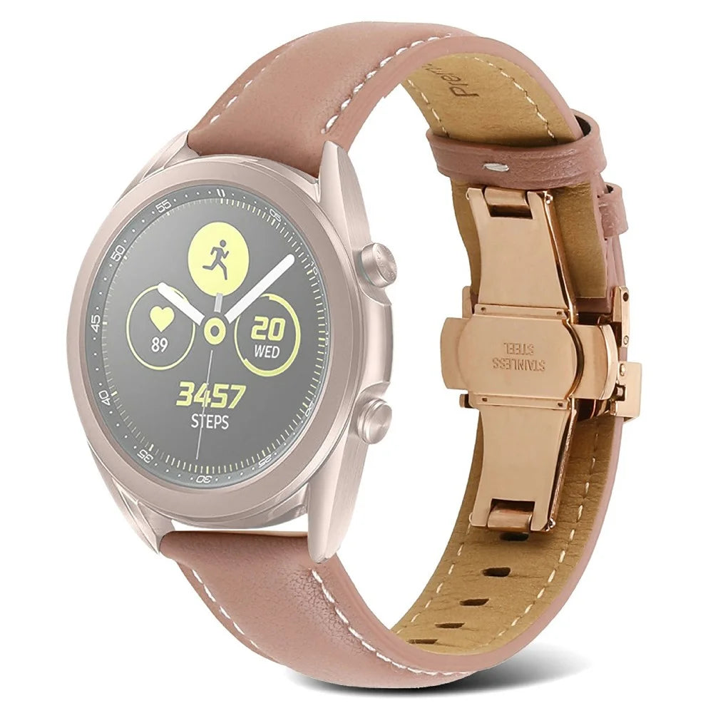 For Huawei Watch GT 3 Pro 46mm/Garmin Venu 2 22mm Stitching Line Genuine Leather Watch Band Strap Replacement - Deep Pink - 1