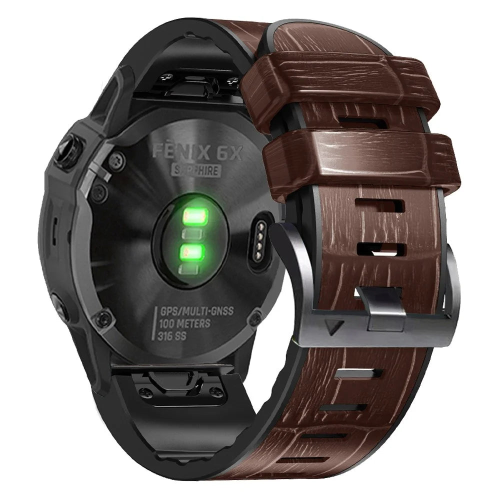For Garmin Fenix 7X/6X Pro/Tactix 7 26mm Crocodile Texture Leather Coated Silicone Watchband Wrist Strap Replacement - Coffee - 1