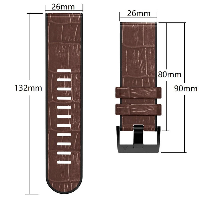 For Garmin Fenix 7X/6X Pro/Tactix 7 26mm Crocodile Texture Leather Coated Silicone Watchband Wrist Strap Replacement - Coffee - 6