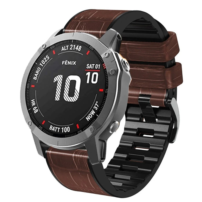 For Garmin Fenix 7/6 Pro/5 Plus Replacement Watch Strap 22mm Crocodile Texture Leather Coated Silicone Wrist Band - Coffee - 2