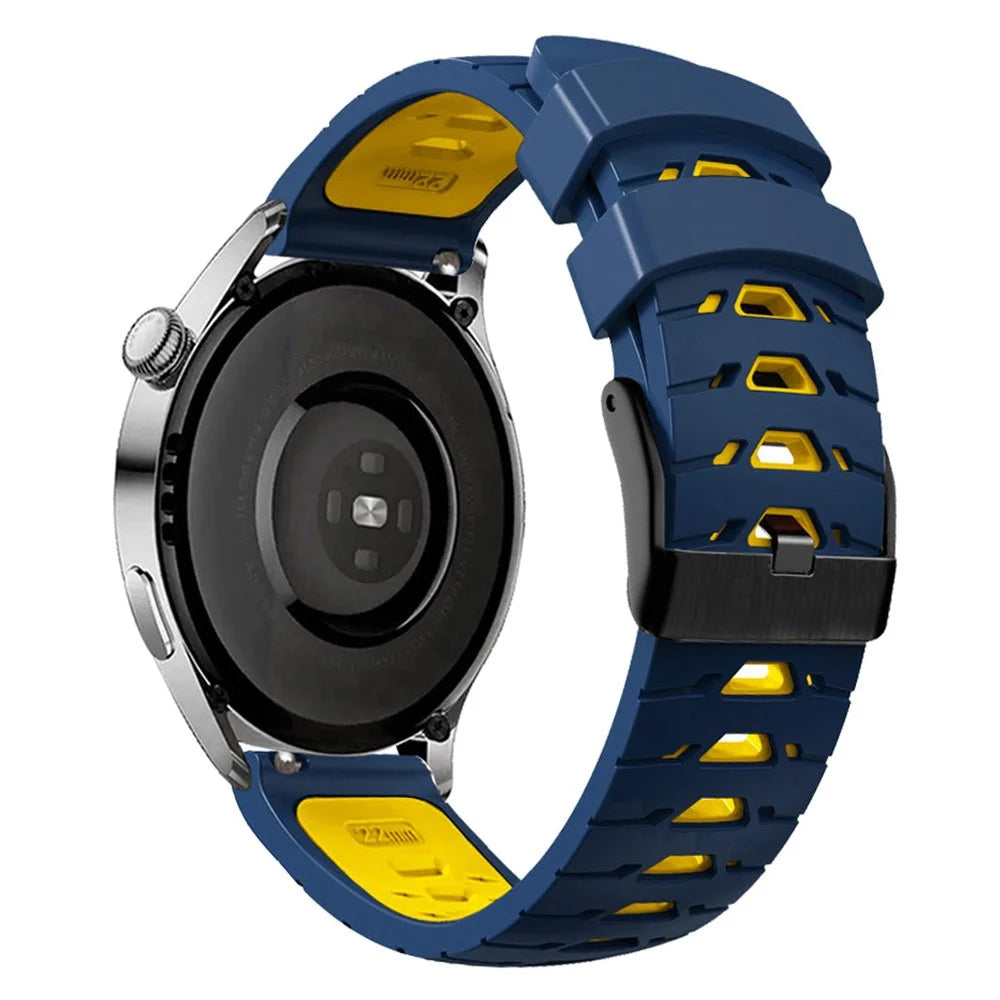 For Huawei Watch GT Runner/Garmin Venu 2/Vivoactive 4 Trapezoid Three Row Holes Watch Strap Dual Color Silicone Wrist Band - Midnight Blue/Yellow - 1
