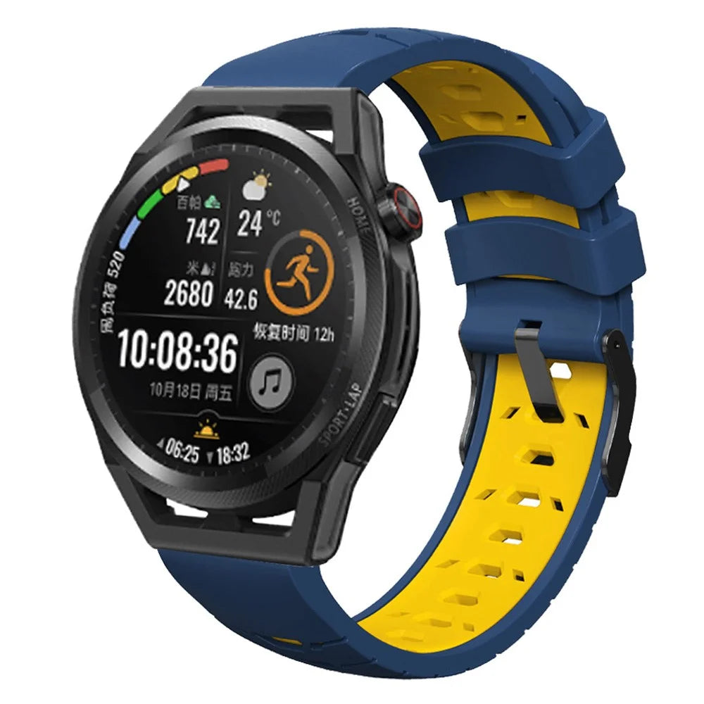 For Huawei Watch GT Runner/Garmin Venu 2/Vivoactive 4 Trapezoid Three Row Holes Watch Strap Dual Color Silicone Wrist Band - Midnight Blue/Yellow - 2