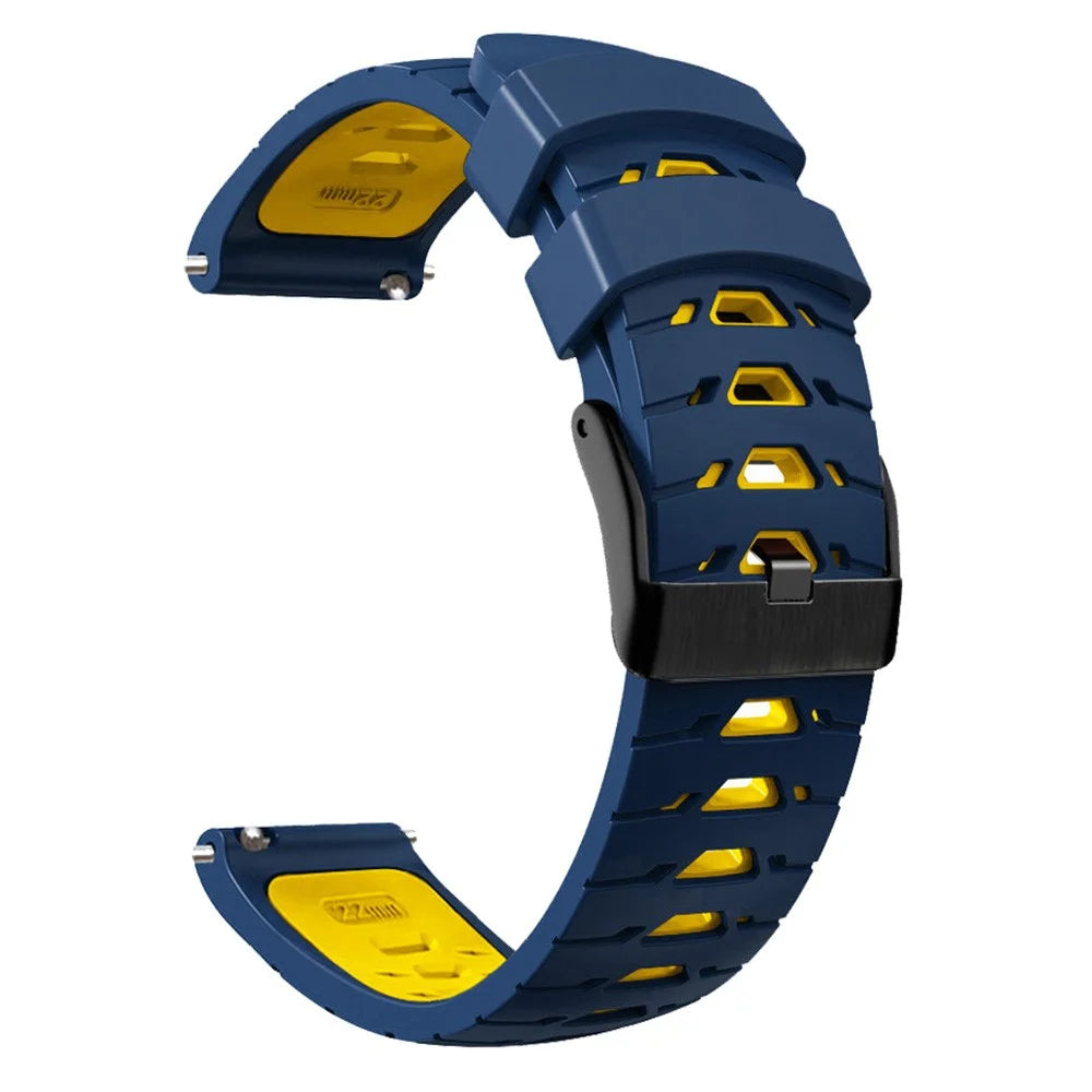 For Huawei Watch GT Runner/Garmin Venu 2/Vivoactive 4 Trapezoid Three Row Holes Watch Strap Dual Color Silicone Wrist Band - Midnight Blue/Yellow - 3