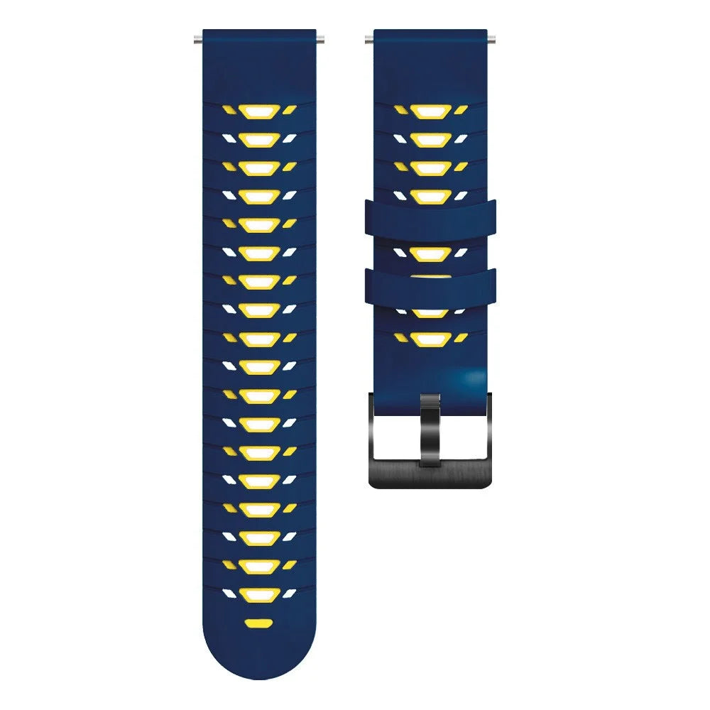 For Huawei Watch GT Runner/Garmin Venu 2/Vivoactive 4 Trapezoid Three Row Holes Watch Strap Dual Color Silicone Wrist Band - Midnight Blue/Yellow - 5