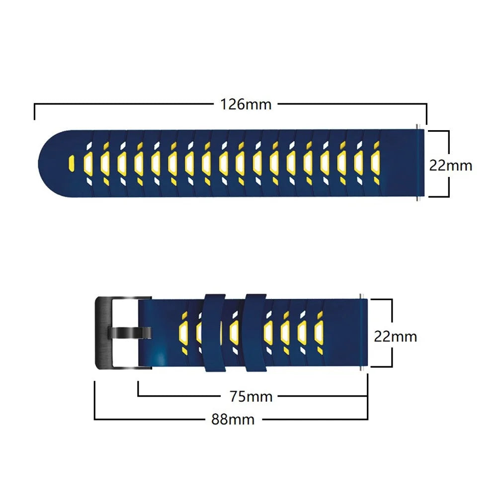 For Huawei Watch GT Runner/Garmin Venu 2/Vivoactive 4 Trapezoid Three Row Holes Watch Strap Dual Color Silicone Wrist Band - Midnight Blue/Yellow - 6