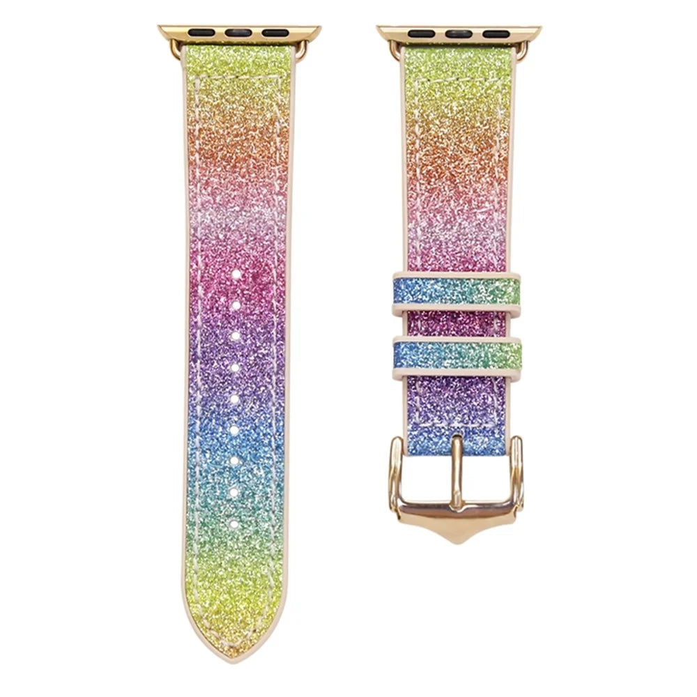 For Apple Watch Series 11 10 42mm / 9 8 7 41mm / SE3 SE2 SE 6 5 4 40mm / 3 2 1 38mm Shiny Glitter Watch Band PU Leather Coated Silicone Strap Replacement - Rainbow - 1