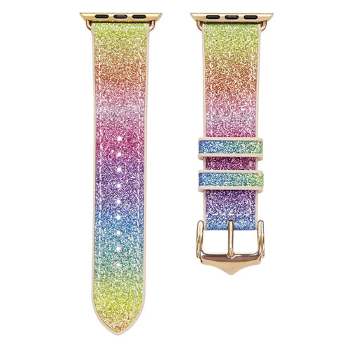 For Apple Watch Series 11 10 42mm / 9 8 7 41mm / SE3 SE2 SE 6 5 4 40mm / 3 2 1 38mm Shiny Glitter Watch Band PU Leather Coated Silicone Strap Replacement - Rainbow - 1